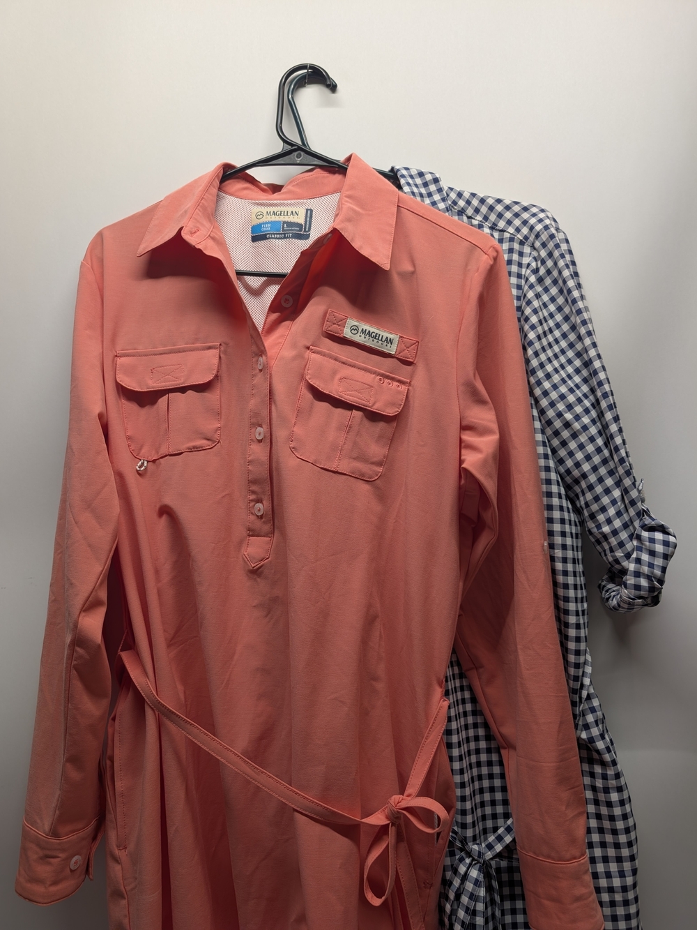 Magellan Outdoors Women’s Coral And Navy Plaid Utility Shirt Dress Bundle